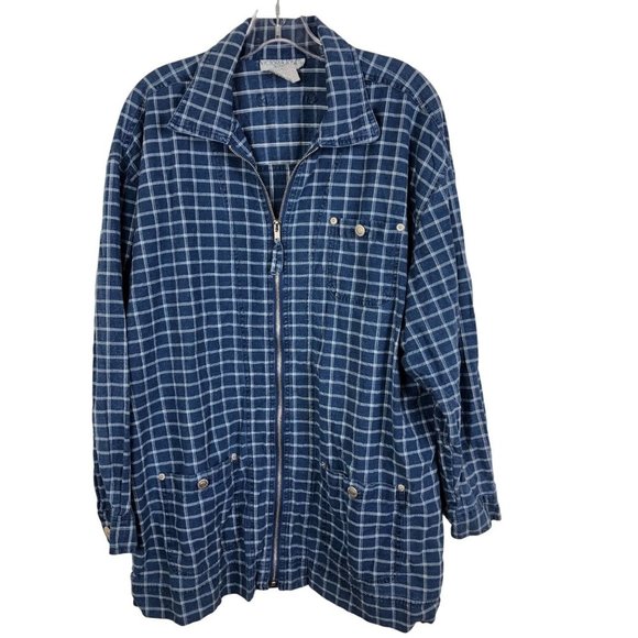 VICTORIA JONES WOMAN Denim Style Plaid Shacket Shirt Jacket Zip Up Size X - Picture 1 of 11
